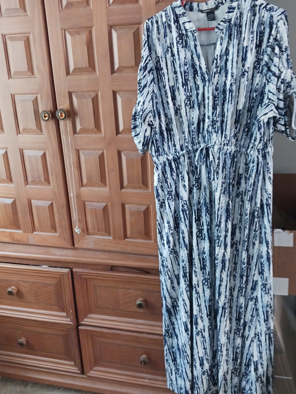 Robert Louis Striped V-Neck Tie-Waist Maxi Dress in Navy and White